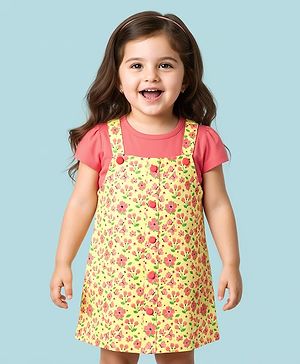 Babyhug Cotton Knit Half Sleeves Floral Printed Frock With Inner Tee - Yellow & Red