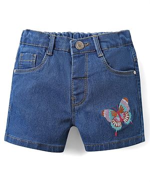 Babyhug Denim Mid Thigh shorts With Butterfly Embriodery - Blue