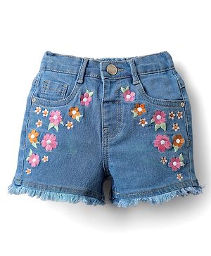 Babyhug Denim Mid Thigh Shorts With Floral Embroidery - Blue