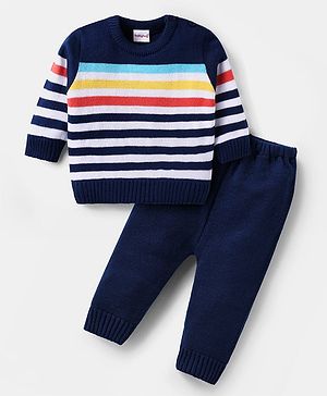 Babyhug Knitted Full Sleeves Sweater Set with Stripes - Navy Blue & White