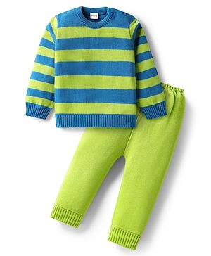 Babyhug Knit Full Sleeves Striped Pullover Sweater Set - Green & Blue