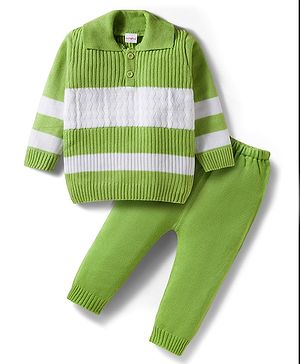 Babyhug Knit Full Sleeves Sweater Set With Colour Block Design - Green