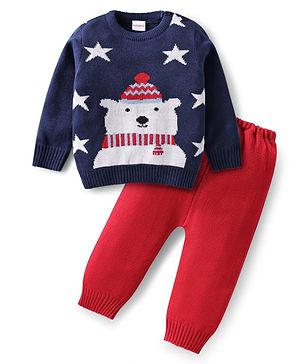 Babyhug Knitted Full Sleeves Sweater Set With Polar Bear & Star Design - Navy Blue & Red