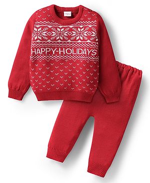 Babyhug Knitted Full Sleeves Sweater Set With Happy Holidays Design - Red