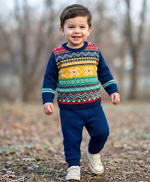 Babyhug Knitted Full Sleeves Sweater Set With Aztec Design - Navy Blue