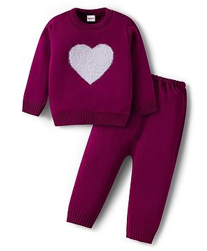 Babyhug Knitted Full Sleeves Sweater Set With Heart Fur Detailing - Wine