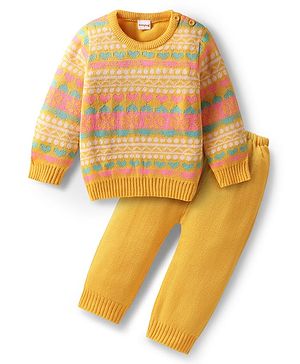 Babyhug Knitted Full Sleeves Sweater Set With Floral Design - Yellow