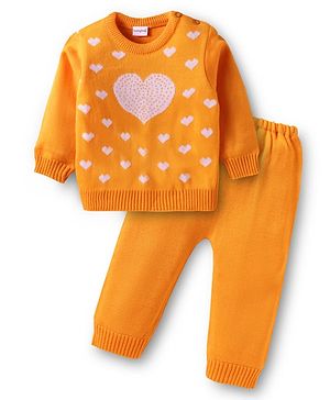 Babyhug Knit Full Sleeves Sweater Set With Heart Design - Yellow