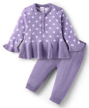 Babyhug Knit Full Sleeves Polka Dot Design Sweater & Pant Set - Violet
