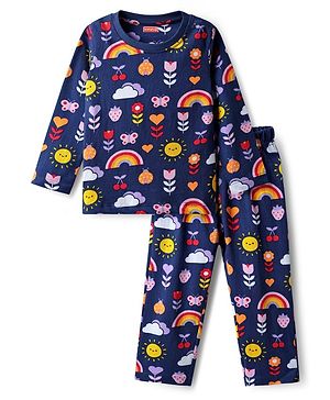 Babyhug Cotton Knit Full Sleeves Co-ords Night Suit With Floral Print - Navy Blue