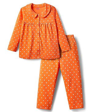Babyhug Cotton Knit Full Sleeves Front Open Co-ords Night Suit With Polka Dot Print - Orange
