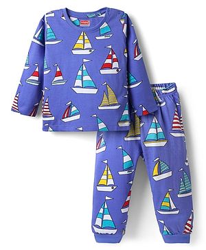 Babyhug Cotton Knit Full Sleeves Co-Ord Night Suit With Boat Print - Royal Blue