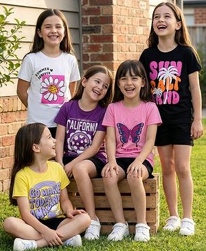 Pine Kids Cotton Knit Half Sleeves T-Shirts with Text Print Pack of 5 - Multicolor