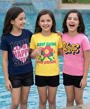 Pine Kids Cotton Knit Half Sleeves T-Shirt With Text Print Pack Of 3 - Yellow Navy Blue & Pink