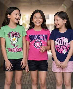 Pine Kids Cotton Knit Half Sleeves T-Shirts with Text Print Pack of 3 - Navy Blue Pink & Green