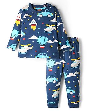 Babyhug Cotton Knit Full Sleeves Co-Ord Night Suit Set with Vehicle Print - Navy Blue