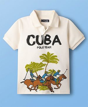 Pine Kids Cotton Knit Half sleeves Polo T-Shirt with Horse & Cuba Text Print - White