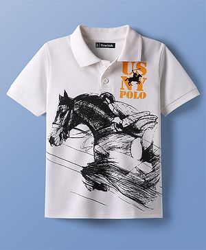 Pine Kids Cotton Knit Half Sleeves Polo T-Shirt with Polo Print - White