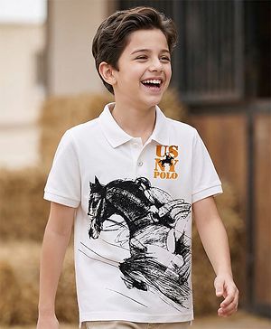Pine Kids Cotton Knit Half Sleeves Polo T-Shirt with Polo Print - White