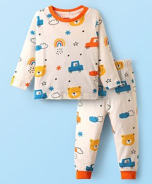 Babyhug Cotton Knit Full Sleeves Co-Ord Night Suit with Vehicle Print - White