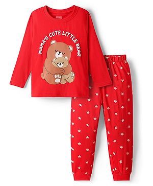 Babyhug Cotton Knit Full Sleeves Night Suit With Animal & Star Print - Red
