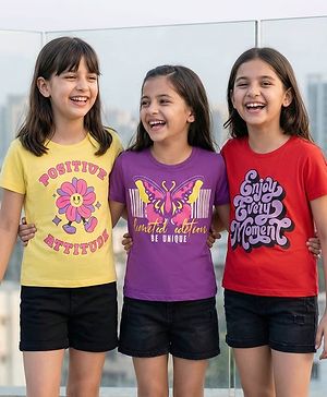 Pine Kids Cotton Knit Half Sleeves T-Shirts with Text Print Pack of 3 - Yellow Red & Purple