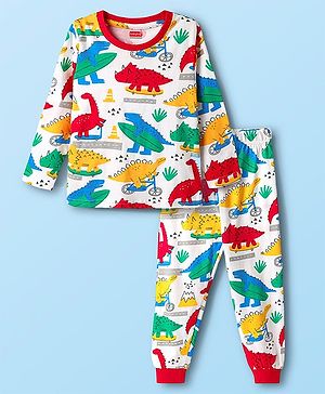 Babyhug Cotton Knit Full Sleeves Co-ords Night Suit With Dino Print - White