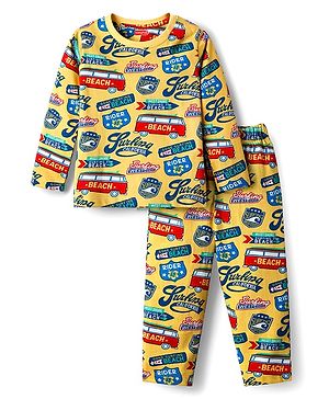 Babyhug Cotton Knit Full Sleeves Co-ords Night Suit With Vehicle Print - Yellow