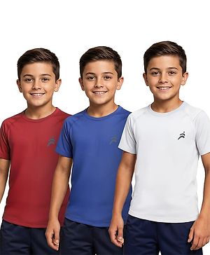 Pine Active Knit Half Raglan Sleeves Solid Color T-Shirts Pack of 3 - White Blue & Red