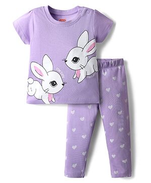 Babyhug Cotton Knit  Half Sleeves Night Suit With Animal & Heart Print - Lavender