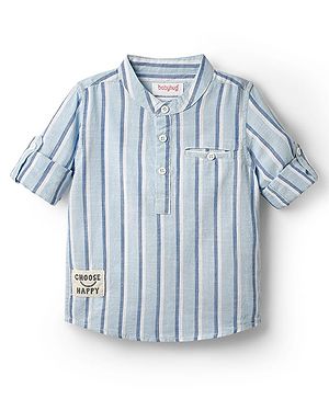 Babyhug 100% Cotton Full Sleeves Striped Shirt With Mandarin Collar - Light Blue