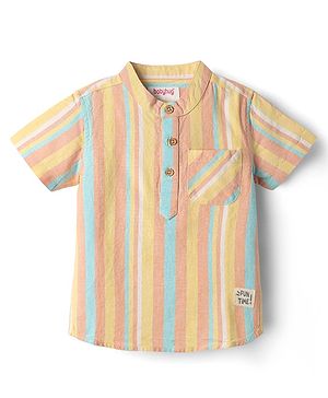Babyhug 100% Cotton Half Sleeves Striped Shirt With Mandarin Collar - Multicolour