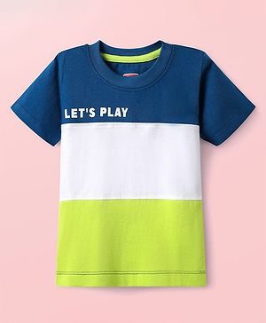 Babyhug 100% Cotton Knit Half Sleeves Cut & Sew T-Shirt with Text Print - Light Green White & Navy Blue