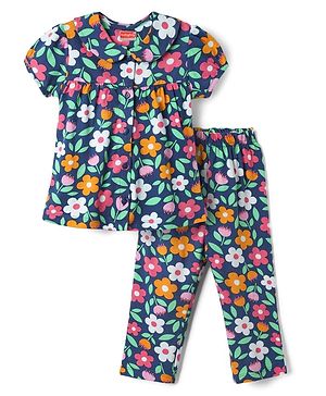 Babyhug Cotton Knit Half Sleeves Front Open Co-ords Night Suit With Floral Print - Navy Blue