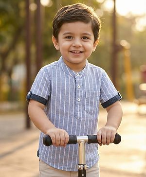 Babyhug 100% Cotton Half Sleeves Striped Shirt With Mandarin Collar - Blue