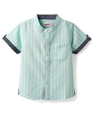 Babyhug 100% Cotton Half Sleeves Striped Shirt With Mandarin Collar - Aqua Blue