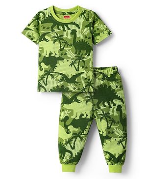 Babyhug Cotton Knit Half Sleeves Co-ords Night Suit With Dino Print - Green