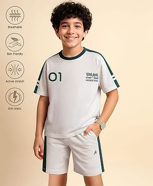 Pine Active Drop Shoulder Half Sleeves T-Shirt & Shorts Set with Racing Print - White