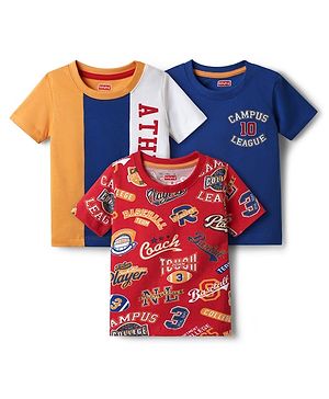Babyhug 100% Cotton Knit Half Sleeves T-Shirts with Sport Theme Print Pack Of 3 - Red & Navy Blue