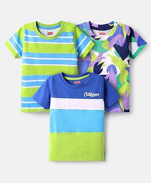 Babyhug Cotton Knit Half Sleeves T-Shirt With Stripes & Abstract Pack Of 3 - Neon Green & Blue