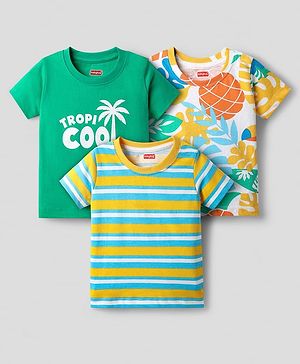 Babyhug 100% Cotton Knit Half Sleeves T-Shirt With Stripes & Tropical Print Pack Of 3 - Yellow & Green