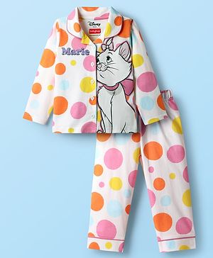 Babyhug Disney Single Jersey Knit Full Sleeves Co-ords Front Open Night Suit With Marie Graphics - White