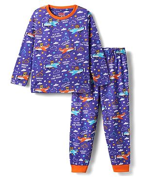 Babyhug Cotton Knit Full Sleeves Co-ords Night Suit With Aeroplane Print - Violet
