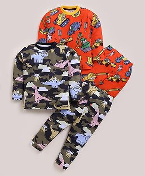 Little Marine Cotton Blend Knit Pack of 2 Full Sleeves Excavators & Camouflage Printed Coordinating Night Suit Sets - Dark Grey & Dark Red
