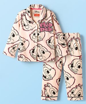 Babyhug Disney 100% Cotton Full Sleeves Front Open Co-Ords Night Suit With Chip 'N Dale Print - Pink