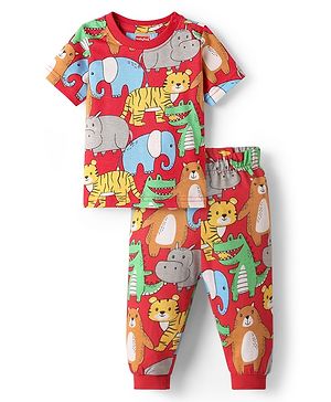 Babyhug Cotton Knit Half Sleeves Co-ords Night Suit With Animal Print - Red