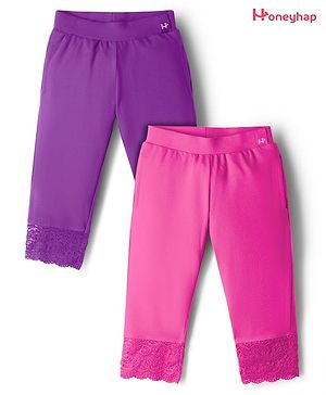 Honeyhap Premium Cotton Elastane Single Jersey Knit  Three Fourth Leggings With Bio Finish Pack of 2 - Pink & Purple