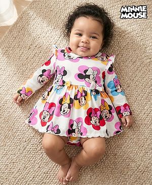 Babyhug Disney Interlock Knit Full Sleeves Frock Style Onesie with Bow Applique & Minnie Mouse Graphics - White
