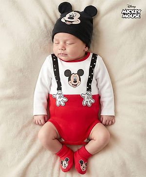 Babyhug Disney Interlock Knit Full Sleeves Mickey Mouse & Family Printed Onesies With Cap & Booties Set  - Red & White