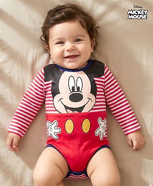 Babyhug Disney Interlock Knit Full Sleeves Striped Onesie with Mickey Mouse Graphic - Multicolor